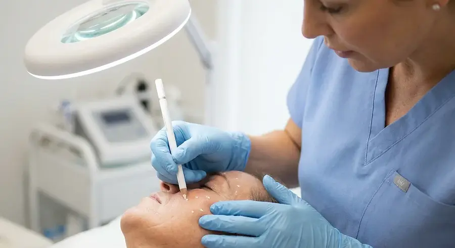 Profissional marcando pontos de referência no rosto de uma paciente durante avaliação facial