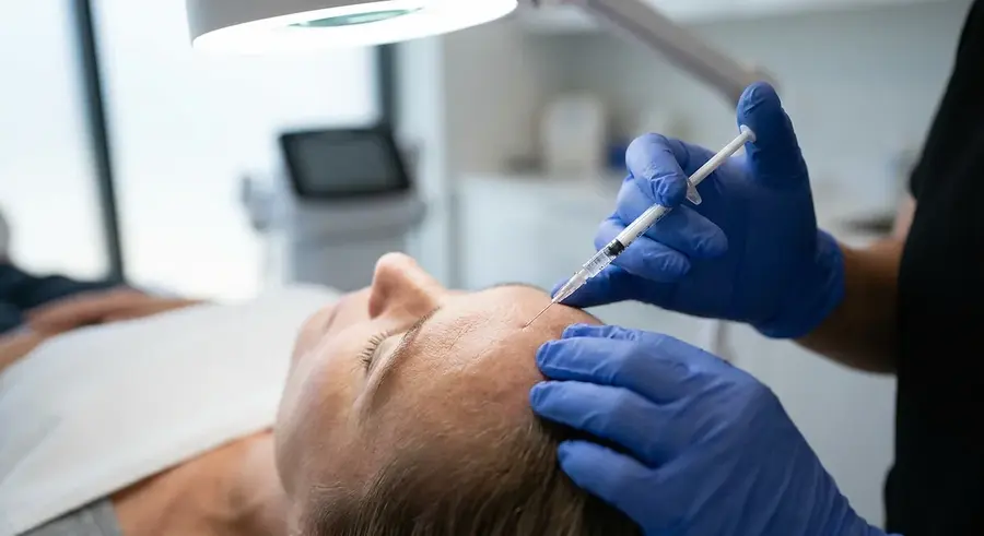 Aplicação de toxina botulínica próximo à região da testa, de perto