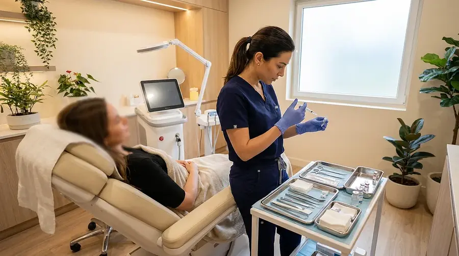 Profissional preparando aplicação em consultório equipado, durante sessão de harmonização orofacial